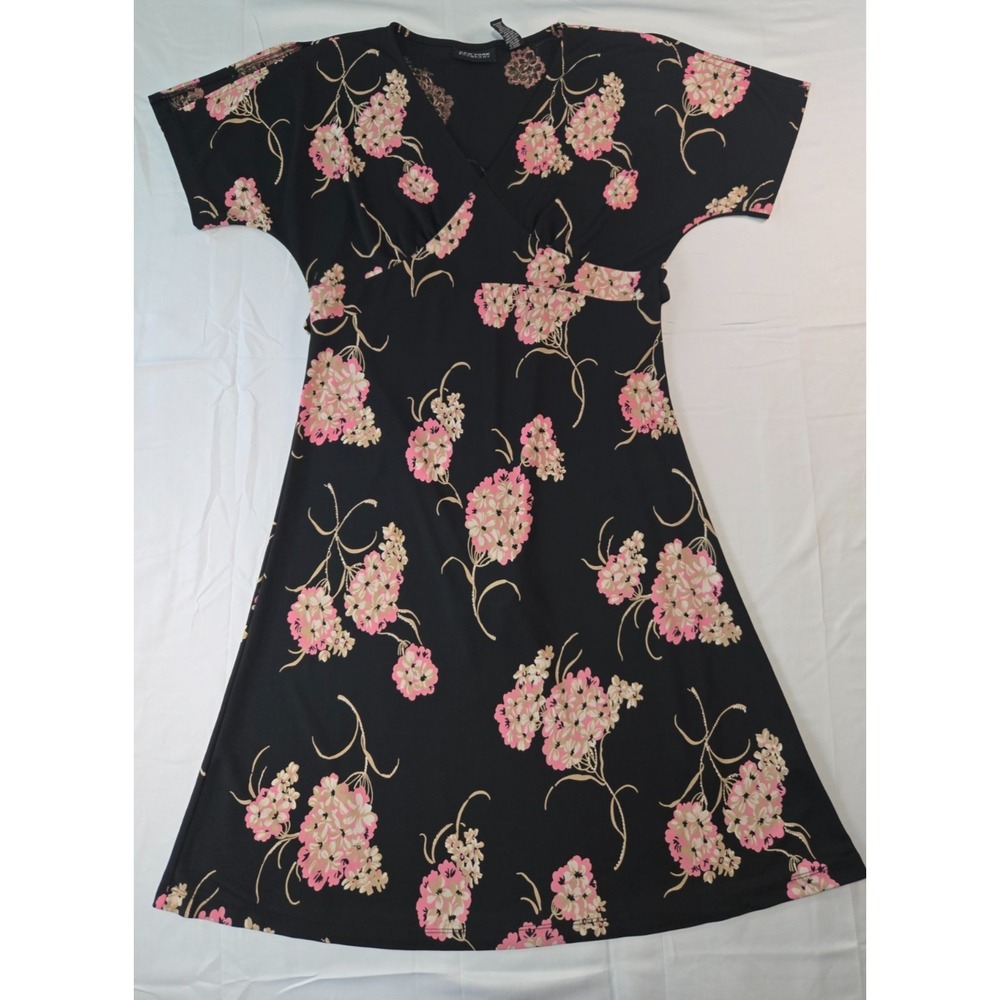 Y2K Dark Floral Faux Wrap Midi Dress 90s revival Size M Feminine Coquette